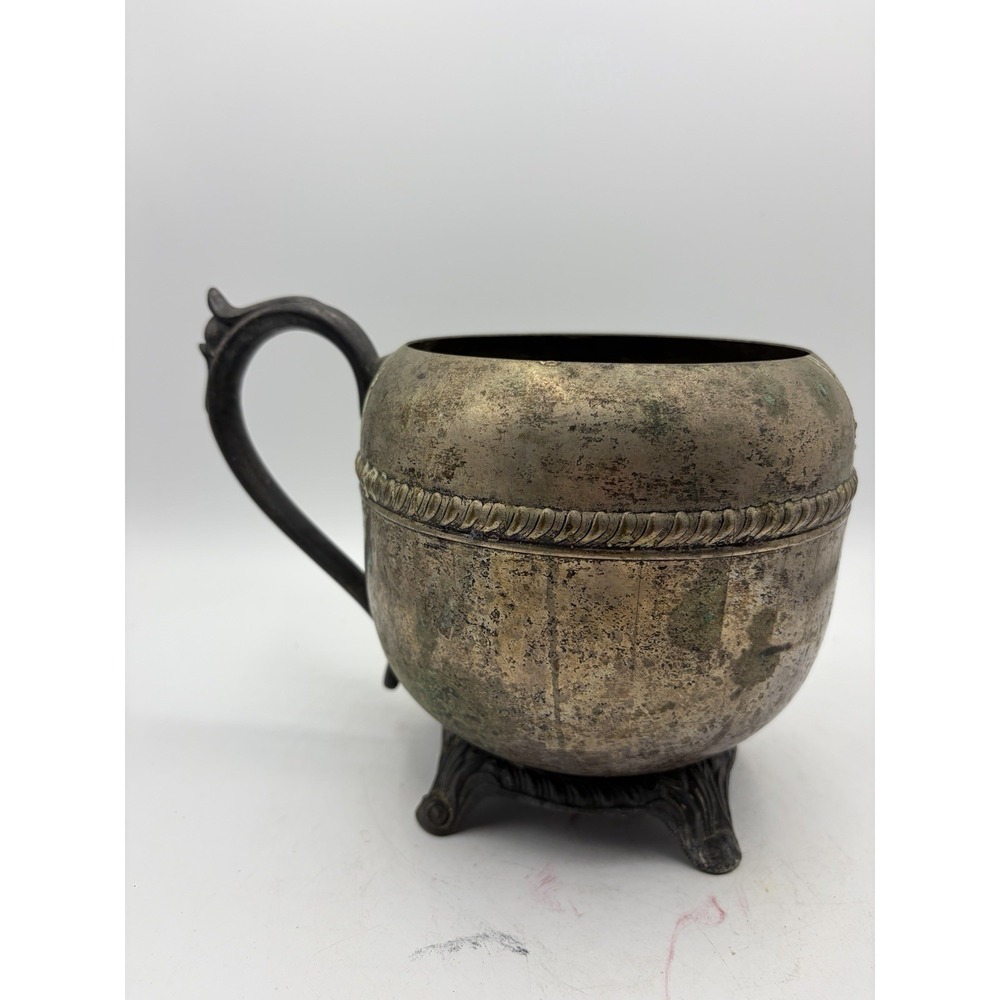 Vintage Silverplate Urn Cup Footed Single Handle Rustic Patina 6.5"
